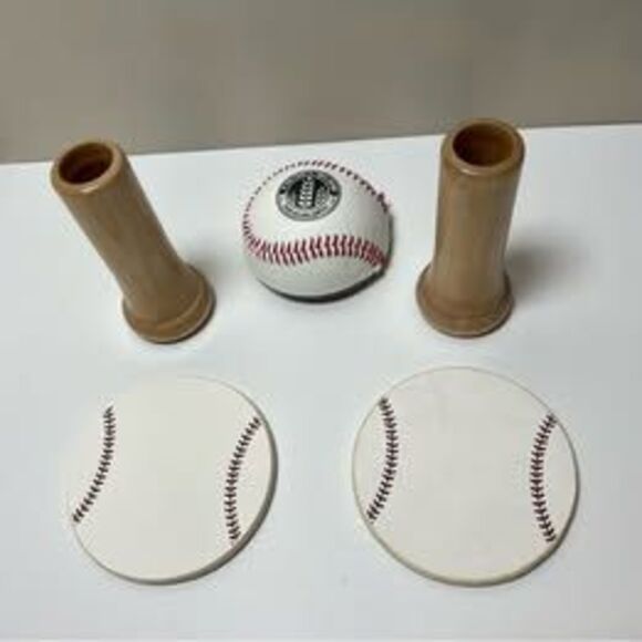 Sporty Baseball Themed Coasters & Holder Set w/ Bat Shot Glasses & Bottle Opener - Picture 2 of 6